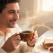 Hombre sonriente tomando una taza de café caliente durante el desayuno frente a un plato con tostadas y frutas, ilustrando los hábitos saludables y la longevidad.