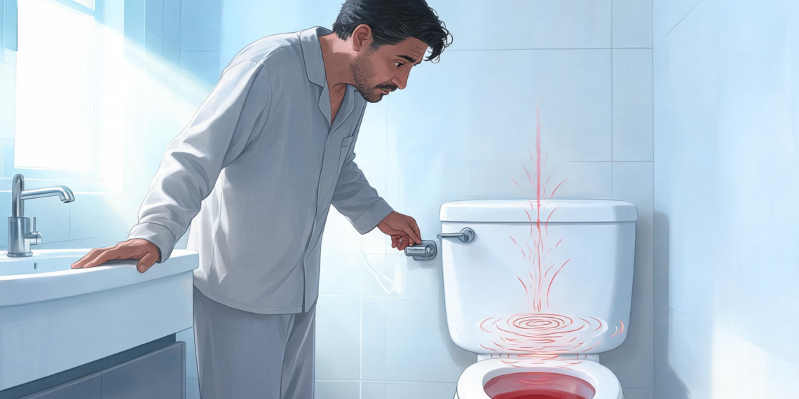 Un hombre en pijama dentro de un baño mira con preocupación el interior de un inodoro con agua de color rojo, representando de forma clara el síntoma de sangre en la orina o hematuria.