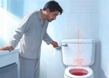 Un hombre en pijama dentro de un baño mira con preocupación el interior de un inodoro con agua de color rojo, representando de forma clara el síntoma de sangre en la orina o hematuria.