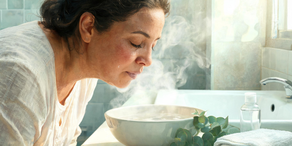 Una mujer con los ojos cerrados inhala el vapor de un cuenco con agua caliente junto a unas hojas frescas de eucalipto en el baño.