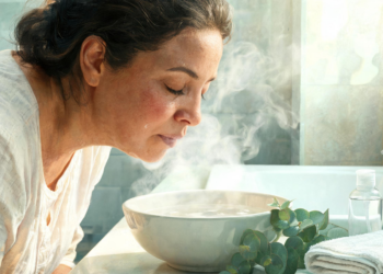 Una mujer con los ojos cerrados inhala el vapor de un cuenco con agua caliente junto a unas hojas frescas de eucalipto en el baño.