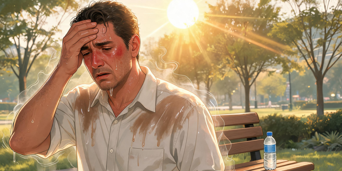 Hombre sudando intensamente con el rostro enrojecido y la mano en la frente sentado en un banco de parque bajo un sol radiante, representando los síntomas del agotamiento por calor.