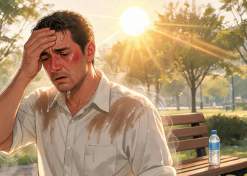 Hombre sudando intensamente con el rostro enrojecido y la mano en la frente sentado en un banco de parque bajo un sol radiante, representando los síntomas del agotamiento por calor.