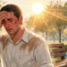 Hombre sudando intensamente con el rostro enrojecido y la mano en la frente sentado en un banco de parque bajo un sol radiante, representando los síntomas del agotamiento por calor.