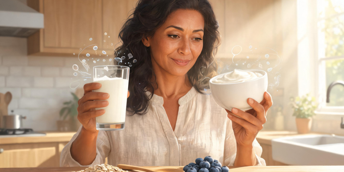 Una mujer en una cocina sostiene un vaso con una bebida láctea fermentada y un tazón con yogur blanco, acompañados de avena y arándanos.