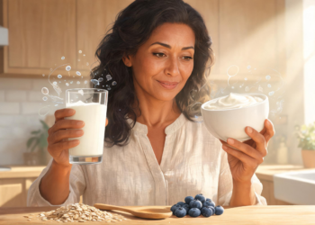 Una mujer en una cocina sostiene un vaso con una bebida láctea fermentada y un tazón con yogur blanco, acompañados de avena y arándanos.