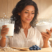 Una mujer en una cocina sostiene un vaso con una bebida láctea fermentada y un tazón con yogur blanco, acompañados de avena y arándanos.