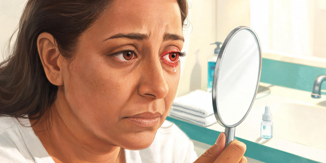 Mujer observando de cerca su ojo enrojecido y con lágrimas en un espejo de mano dentro del baño para evaluar síntomas de conjuntivitis o irritación ocular.