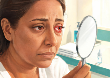 Mujer observando de cerca su ojo enrojecido y con lágrimas en un espejo de mano dentro del baño para evaluar síntomas de conjuntivitis o irritación ocular.