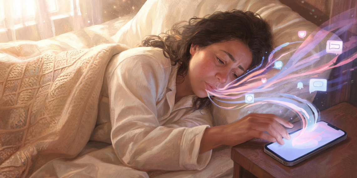 Mujer recostada en la cama por la mañana extendiendo la mano hacia su teléfono móvil en la mesita de noche mientras brotan destellos y ondas de la pantalla.