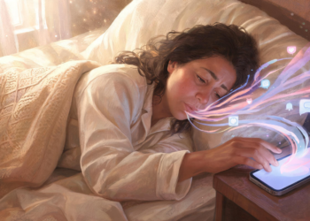 Mujer recostada en la cama por la mañana extendiendo la mano hacia su teléfono móvil en la mesita de noche mientras brotan destellos y ondas de la pantalla.