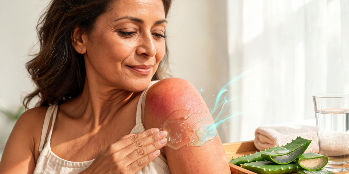 Mujer aplicando gel transparente de aloe vera sobre la piel enrojecida de su hombro por una quemadura solar leve.