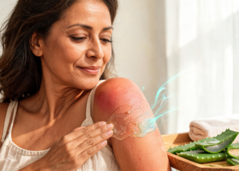 Mujer aplicando gel transparente de aloe vera sobre la piel enrojecida de su hombro por una quemadura solar leve.