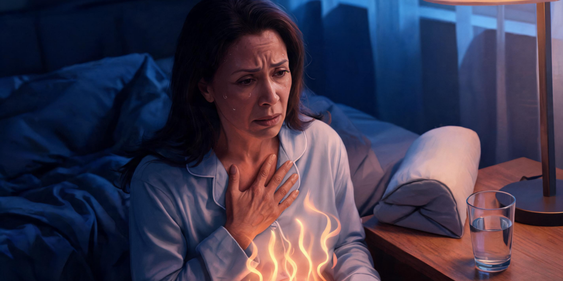 Mujer sentada en la cama por la noche con una mano en el pecho y gesto de dolor, mostrando los efectos del reflujo gastroesofágico nocturno.