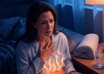 Mujer sentada en la cama por la noche con una mano en el pecho y gesto de dolor, mostrando los efectos del reflujo gastroesofágico nocturno.