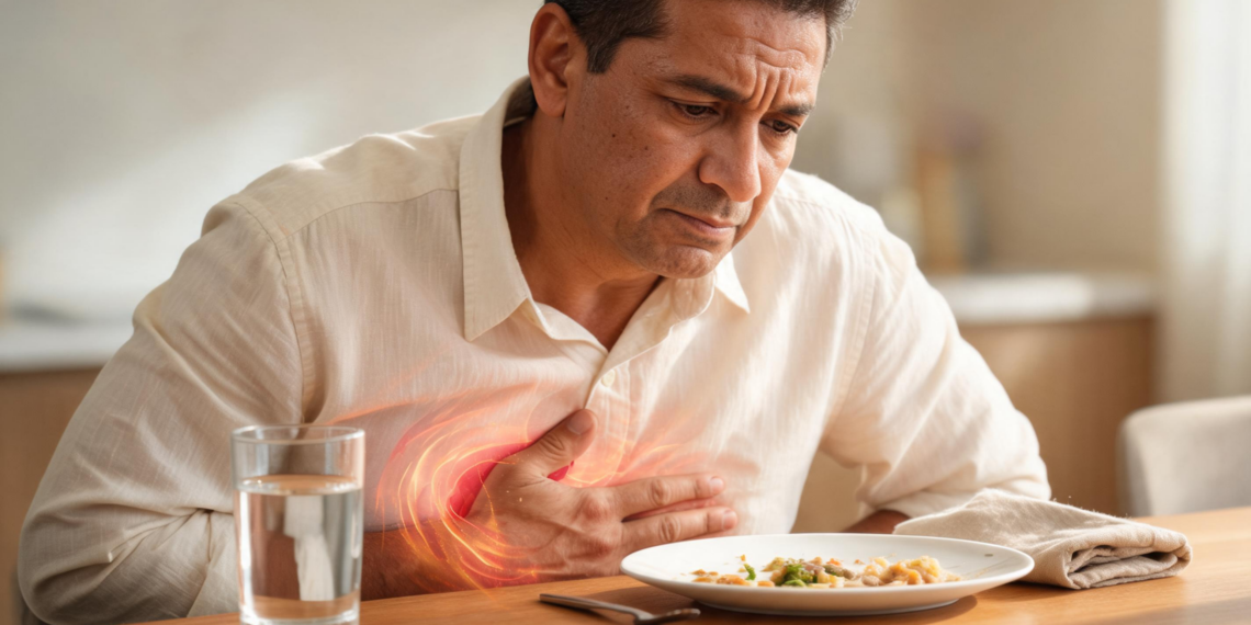 Hombre con expresión de malestar sosteniendo su mano sobre el estómago frente a un plato de comida, representando el dolor abdominal y los síntomas de la gastritis.
