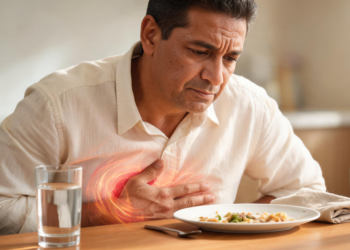 Hombre con expresión de malestar sosteniendo su mano sobre el estómago frente a un plato de comida, representando el dolor abdominal y los síntomas de la gastritis.