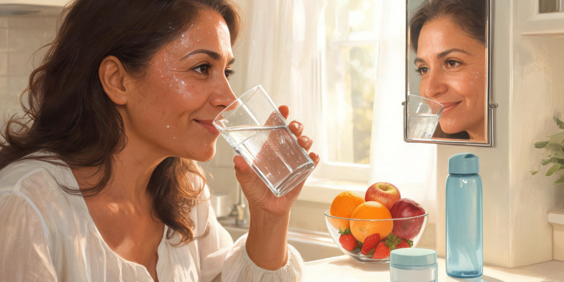 Mujer sonriente bebiendo un vaso de agua en una cocina iluminada frente a un espejo que refleja su rostro, mostrando el cuidado y la hidratación de la piel.