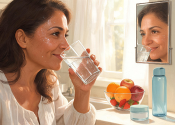 Mujer sonriente bebiendo un vaso de agua en una cocina iluminada frente a un espejo que refleja su rostro, mostrando el cuidado y la hidratación de la piel.