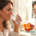 Mujer sonriente bebiendo un vaso de agua en una cocina iluminada frente a un espejo que refleja su rostro, mostrando el cuidado y la hidratación de la piel.