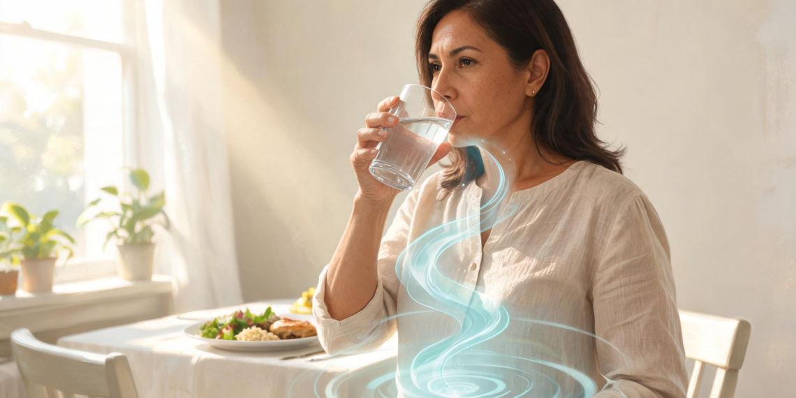 Mujer de perfil en un comedor luminoso bebiendo un vaso de agua antes de comer frente a un plato de comida, ilustrando el hábito de buscar la saciedad.