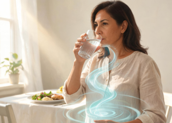 Mujer de perfil en un comedor luminoso bebiendo un vaso de agua antes de comer frente a un plato de comida, ilustrando el hábito de buscar la saciedad.