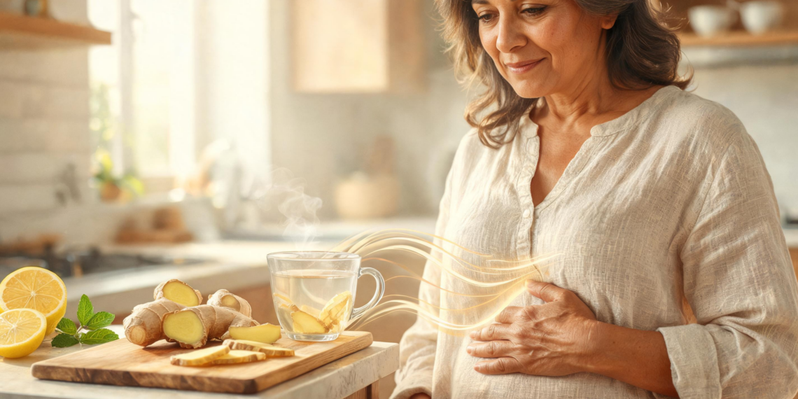 Mujer sosteniendo su mano sobre el estómago mientras contempla una taza de té de jengibre caliente sobre una tabla de madera en la cocina, ilustrando el alivio digestivo.