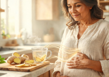 Mujer sosteniendo su mano sobre el estómago mientras contempla una taza de té de jengibre caliente sobre una tabla de madera en la cocina, ilustrando el alivio digestivo.