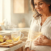 Mujer sosteniendo su mano sobre el estómago mientras contempla una taza de té de jengibre caliente sobre una tabla de madera en la cocina, ilustrando el alivio digestivo.