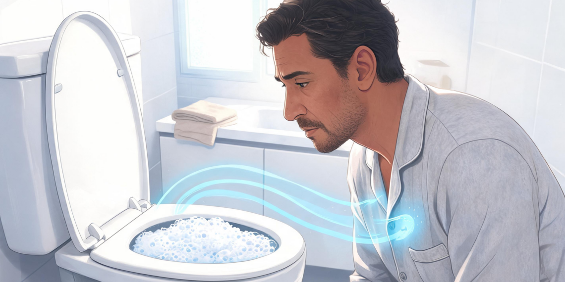 Un hombre en pijama observa con preocupación el interior de un inodoro lleno de una densa capa de espuma blanca y azulada dentro de un baño iluminado.