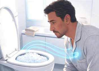 Un hombre en pijama observa con preocupación el interior de un inodoro lleno de una densa capa de espuma blanca y azulada dentro de un baño iluminado.