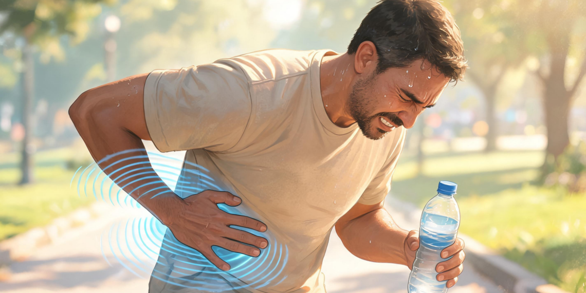Hombre sufriendo un cólico nefrítico (dolor renal) agudo en el costado, sosteniendo una botella de agua, en un parque soleado y caluroso, con ondas de dolor ilustradas.