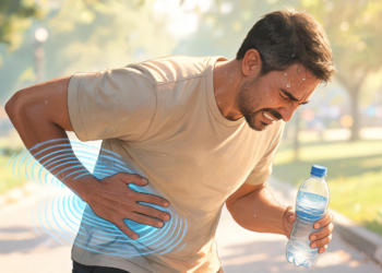 Hombre sufriendo un cólico nefrítico (dolor renal) agudo en el costado, sosteniendo una botella de agua, en un parque soleado y caluroso, con ondas de dolor ilustradas.