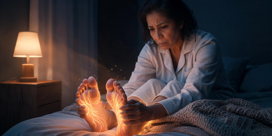 Mujer sentada en la cama por la noche sosteniéndose los pies, los cuales muestran un efecto visual luminoso de ramificaciones brillantes que representa el ardor y el dolor neuropático periférico.