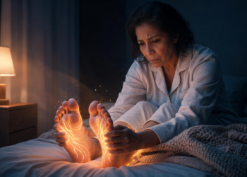 Mujer sentada en la cama por la noche sosteniéndose los pies, los cuales muestran un efecto visual luminoso de ramificaciones brillantes que representa el ardor y el dolor neuropático periférico.