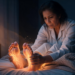 Mujer sentada en la cama por la noche sosteniéndose los pies, los cuales muestran un efecto visual luminoso de ramificaciones brillantes que representa el ardor y el dolor neuropático periférico.