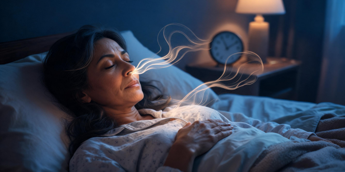 Una mujer acostada en su cama con los ojos cerrados realiza un ejercicio de respiración profunda del que emanan flujos luminosos en un dormitorio nocturno.