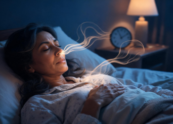 Una mujer acostada en su cama con los ojos cerrados realiza un ejercicio de respiración profunda del que emanan flujos luminosos en un dormitorio nocturno.