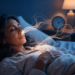 Una mujer acostada en su cama con los ojos cerrados realiza un ejercicio de respiración profunda del que emanan flujos luminosos en un dormitorio nocturno.