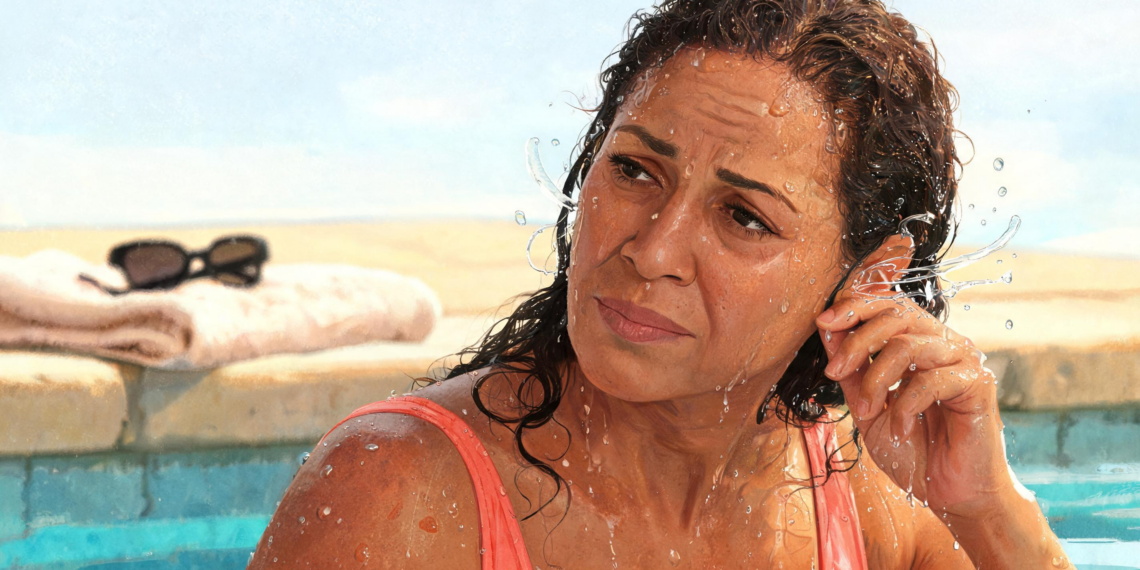 Mujer con el cabello mojado dentro de una piscina tocándose la oreja con expresión de molestia, representando la sensación de oído tapado en verano.