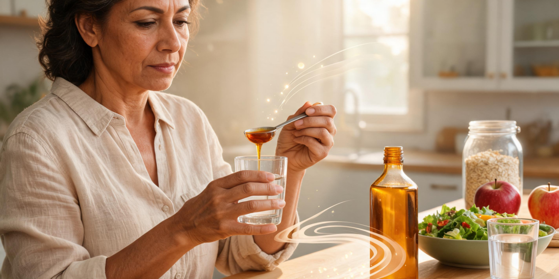 Una mujer en una cocina vierte una cucharada de vinagre de manzana en un vaso de agua, rodeada de alimentos saludables como ensalada, manzanas y avena.