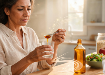 Una mujer en una cocina vierte una cucharada de vinagre de manzana en un vaso de agua, rodeada de alimentos saludables como ensalada, manzanas y avena.