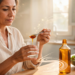 Una mujer en una cocina vierte una cucharada de vinagre de manzana en un vaso de agua, rodeada de alimentos saludables como ensalada, manzanas y avena.