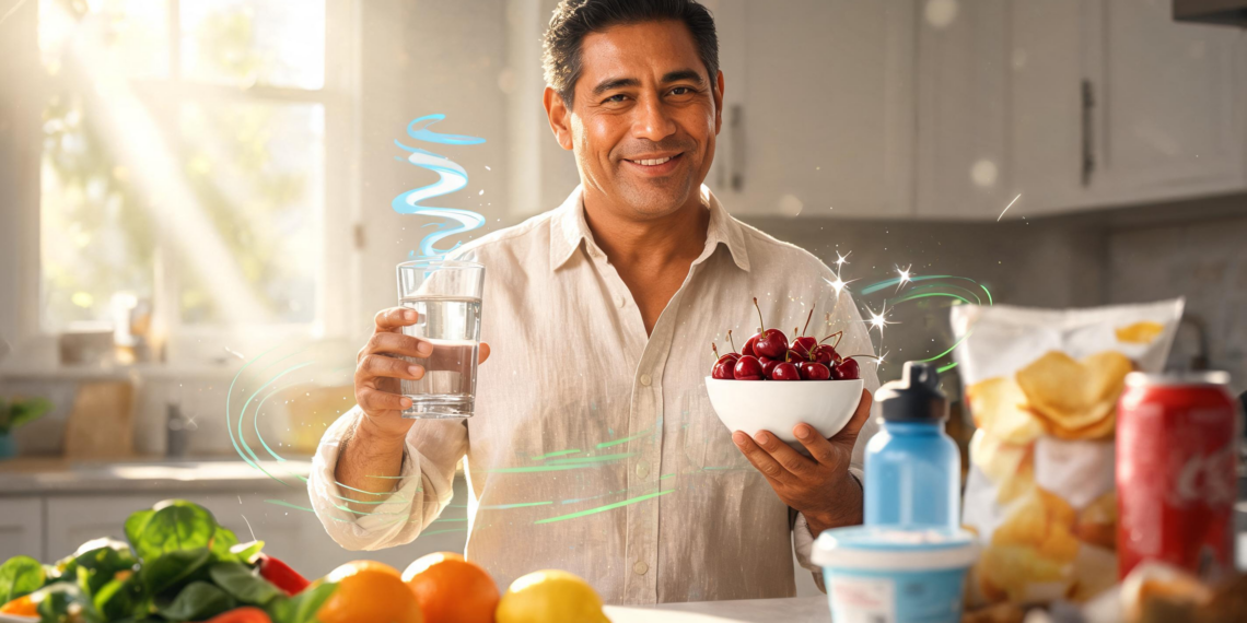 Un hombre sonriente sostiene un vaso de agua y un tazón de cerezas en una cocina iluminada, rodeado de frutas y verduras frescas que promueven un estilo de vida saludable.