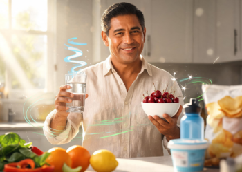 Un hombre sonriente sostiene un vaso de agua y un tazón de cerezas en una cocina iluminada, rodeado de frutas y verduras frescas que promueven un estilo de vida saludable.