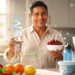 Un hombre sonriente sostiene un vaso de agua y un tazón de cerezas en una cocina iluminada, rodeado de frutas y verduras frescas que promueven un estilo de vida saludable.