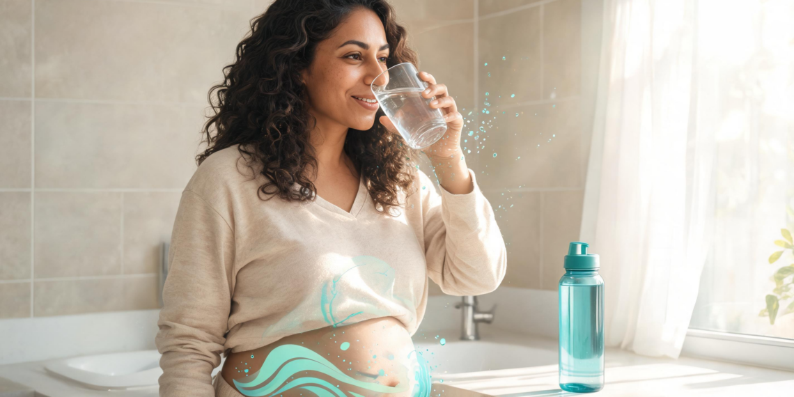 Una mujer sonriente bebe un vaso de agua en un ambiente iluminado, mientras un gráfico brillante de ondas azules resalta su zona abdominal.