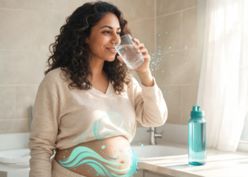 Una mujer sonriente bebe un vaso de agua en un ambiente iluminado, mientras un gráfico brillante de ondas azules resalta su zona abdominal.