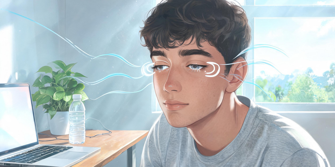 Un joven mira hacia el horizonte junto a una ventana para descansar la vista tras usar su ordenador, representando la prevención del ojo seco digital.