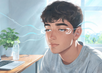Un joven mira hacia el horizonte junto a una ventana para descansar la vista tras usar su ordenador, representando la prevención del ojo seco digital.